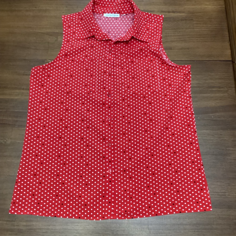 Notations Womens Red Polka Dot Classy Sleeveless Button Down Blouse Top Large